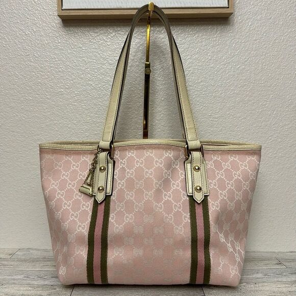 LOW START Gucci Sherry Line GG Pink Canvas Tote With Charms - Picture 1 of 13